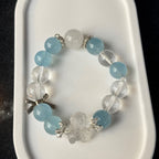 Cute Aquamarine & Clear Quartz Bear Bracelet | Carved Crystal Teddy Charm with Silver Bow | Preppy Dainty Coquette Jewelry