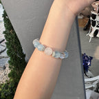 Cute Aquamarine & Clear Quartz Bear Bracelet | Carved Crystal Teddy Charm with Silver Bow | Preppy Dainty Coquette Jewelry