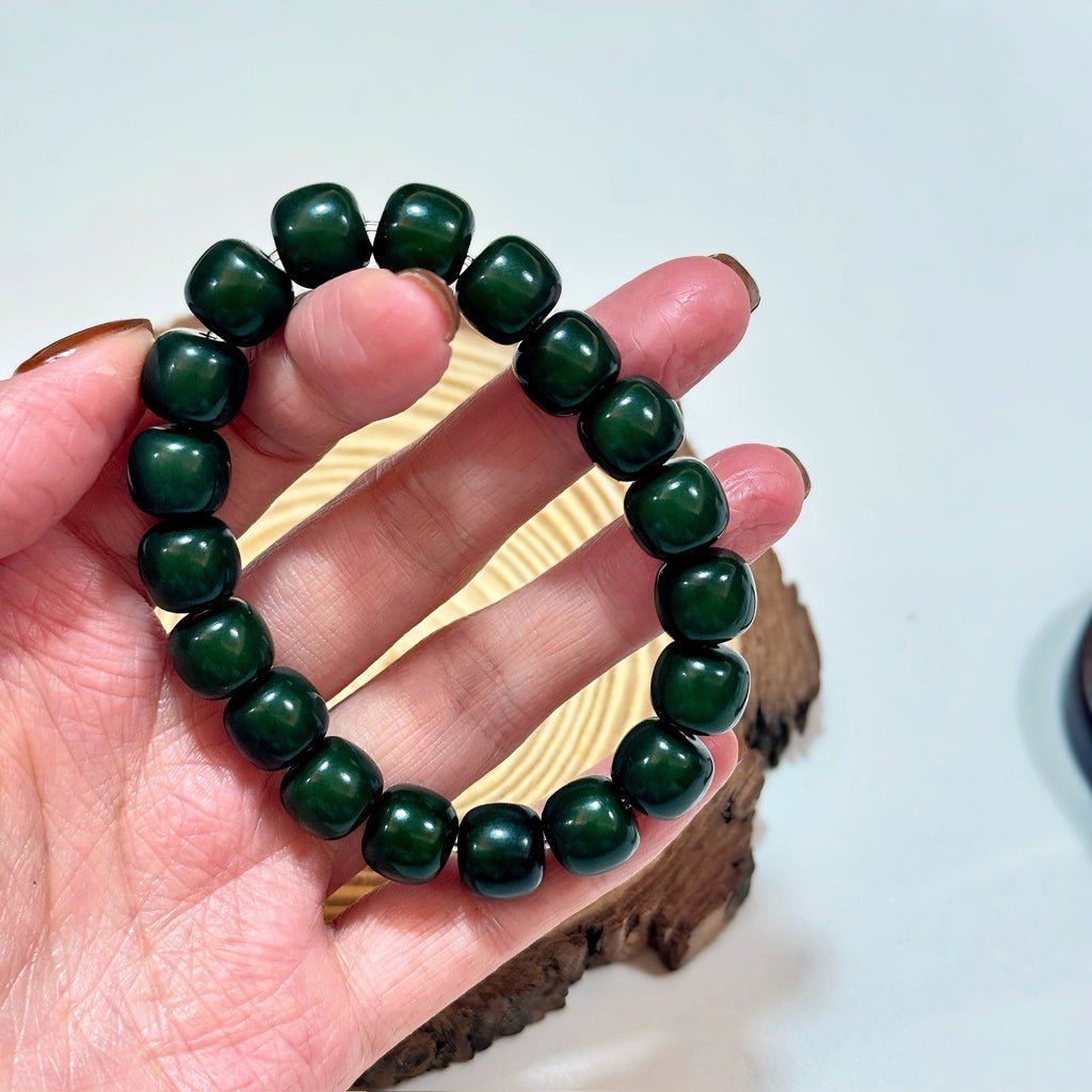 Emerald Bodhi Seed Bracelet | Polished Bodhi 10mm Single Mala Bead Strand | Buddhist Prayer Bracelet