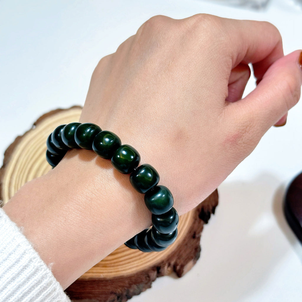 Emerald Bodhi Seed Bracelet | Polished Bodhi 10mm Single Mala Bead Strand | Buddhist Prayer Bracelet