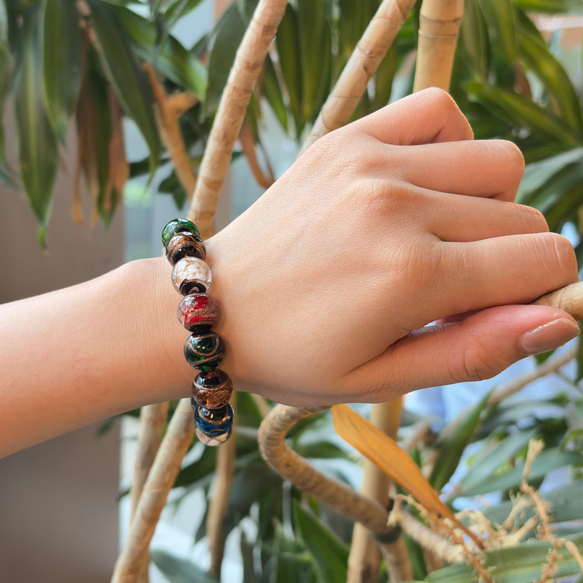 Five-Color Enamel Glass Bead Bracelet