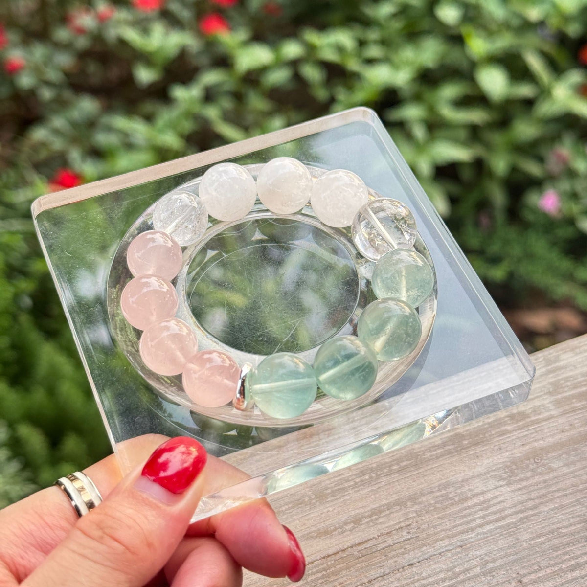 Fluorite Rose Quartz Bracelet | Clear Crystal Aura Cleansing Amulet | Taoist Consecrated Emotional Healing & Mental Clarity Jewelry