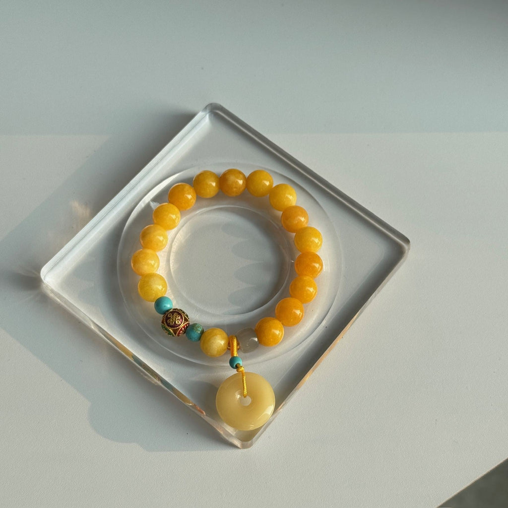 Golden Blessing Amber Bracelet | Fortune Beads & Peace Donut Pendant