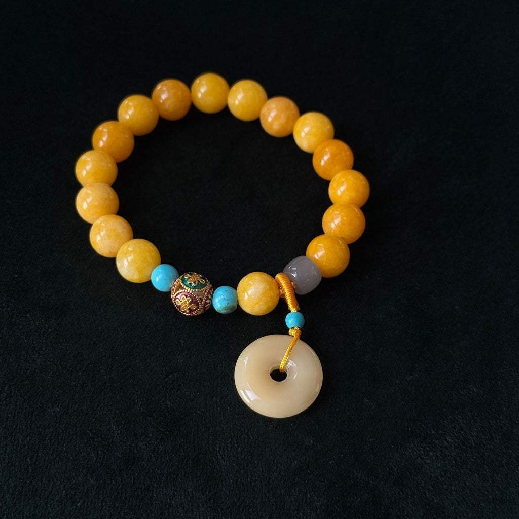 Golden Blessing Amber Bracelet | Fortune Beads & Peace Donut Pendant