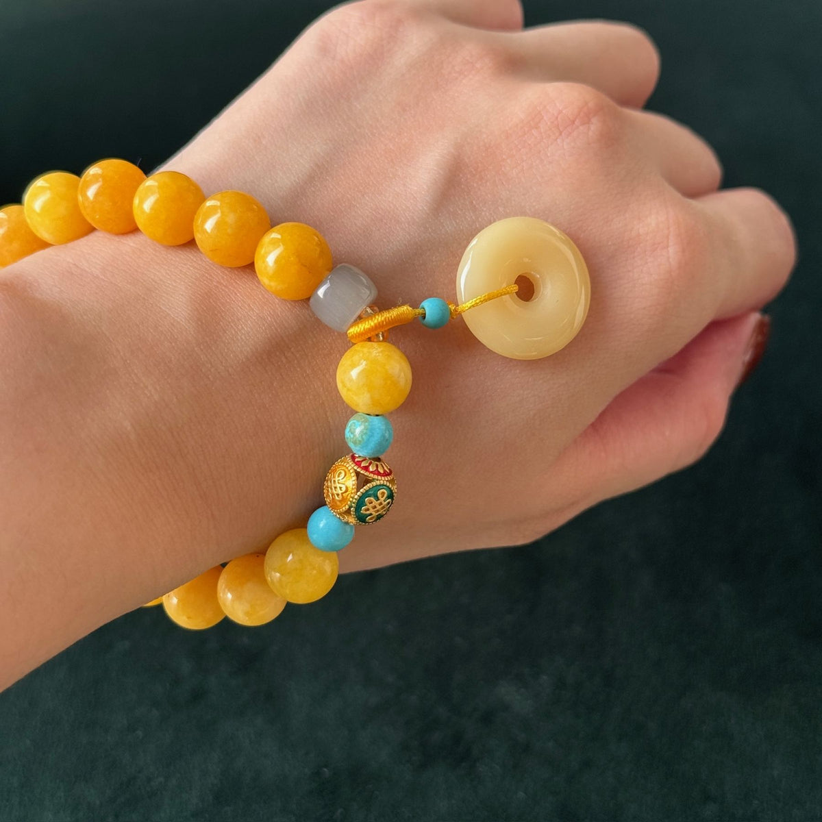 Golden Blessing Amber Bracelet | Fortune Beads & Peace Donut Pendant