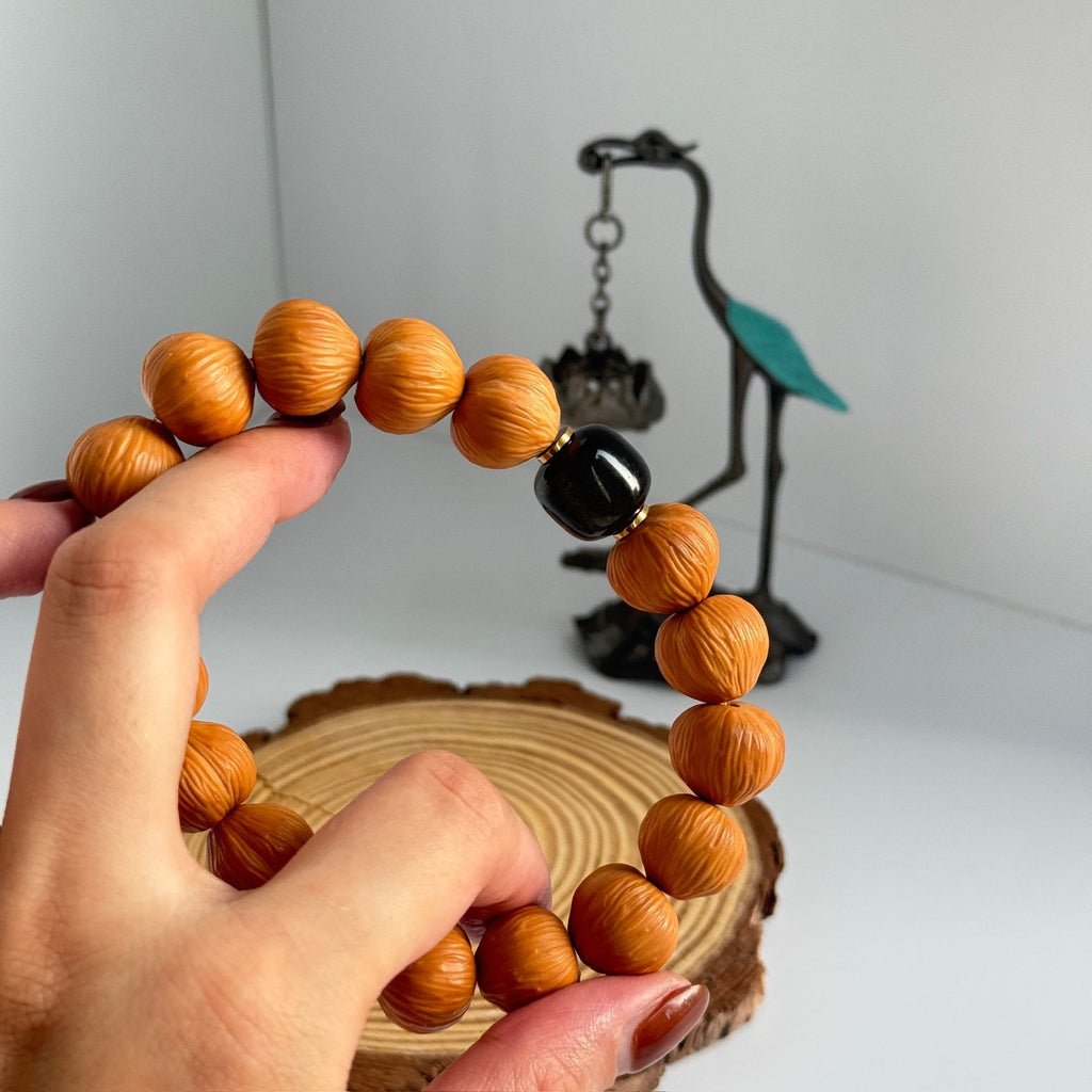 Golden Obsidian Fortune Walnut Bracelet | Walnut Beads With Obsidian for Protection & Prosperity