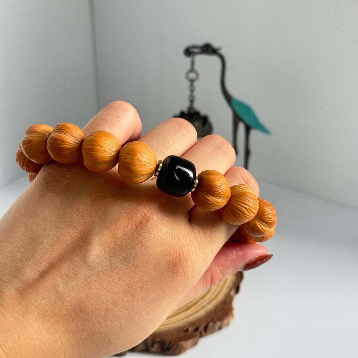 Golden Obsidian Fortune Walnut Bracelet | Walnut Beads With Obsidian for Protection & Prosperity
