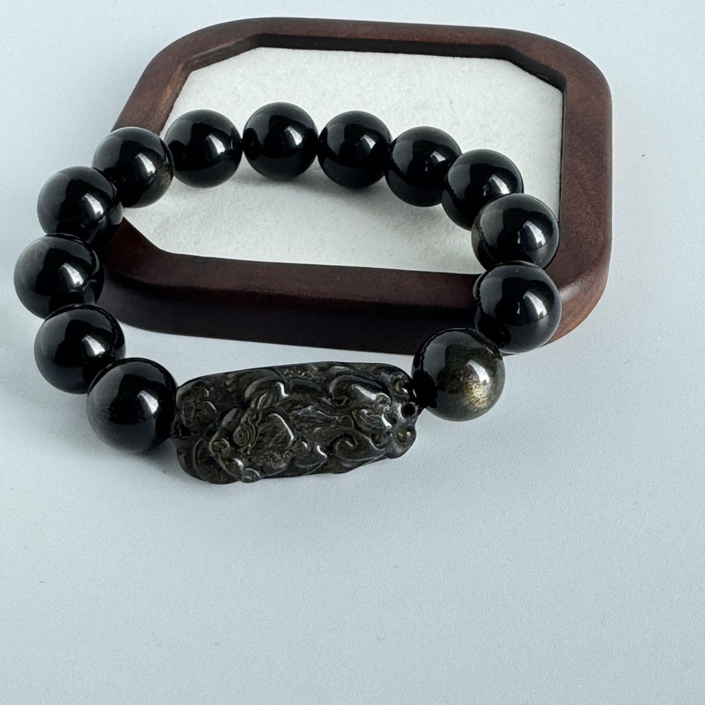 Golden Obsidian Pixiu Bracelet | Obsidian Beads | Lucky Pixiu Charm | Protection Bracelet