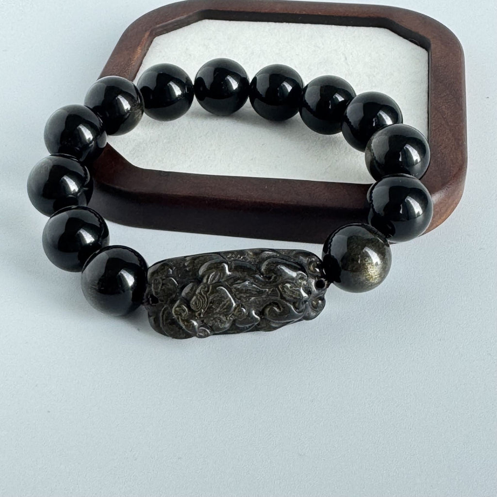 Golden Obsidian Pixiu Bracelet | Obsidian Beads | Lucky Pixiu Charm | Protection Bracelet