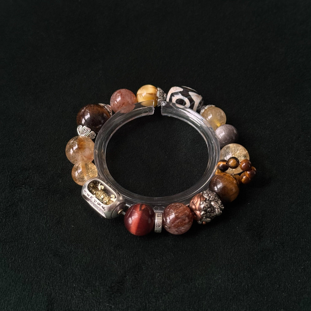 Golden Rutilated Quartz & Three-Eyed Dzi Multigem Bracelet | Wealth, Protection & Power