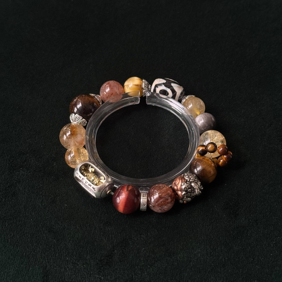 Golden Rutilated Quartz & Three-Eyed Dzi Multigem Bracelet | Wealth, Protection & Power