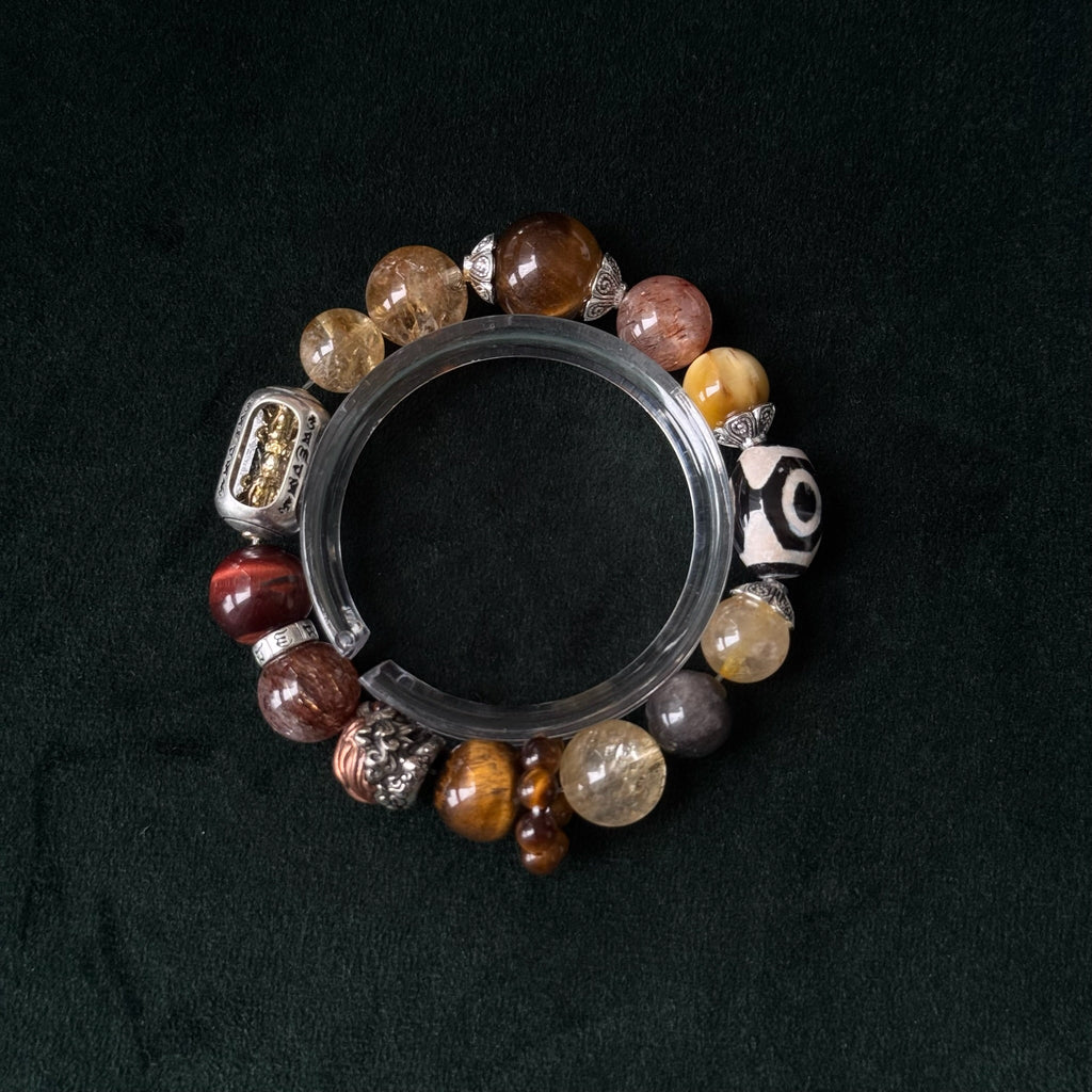 Golden Rutilated Quartz & Three-Eyed Dzi Multigem Bracelet | Wealth, Protection & Power