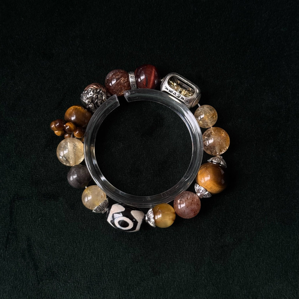 Golden Rutilated Quartz & Three-Eyed Dzi Multigem Bracelet | Wealth, Protection & Power