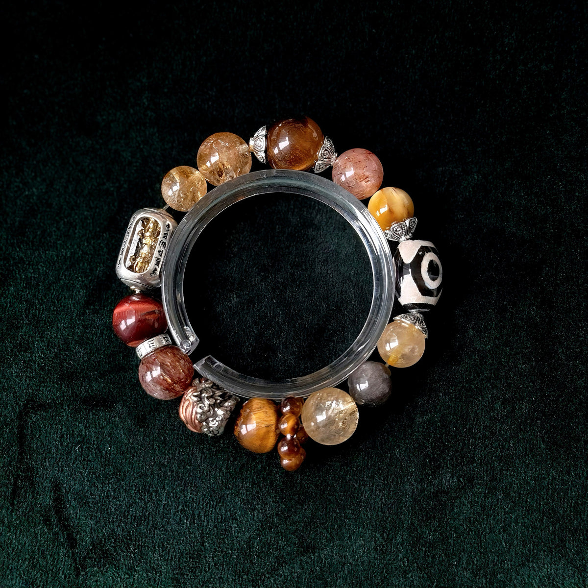 Golden Rutilated Quartz & Three-Eyed Dzi Multigem Bracelet | Wealth, Protection & Power