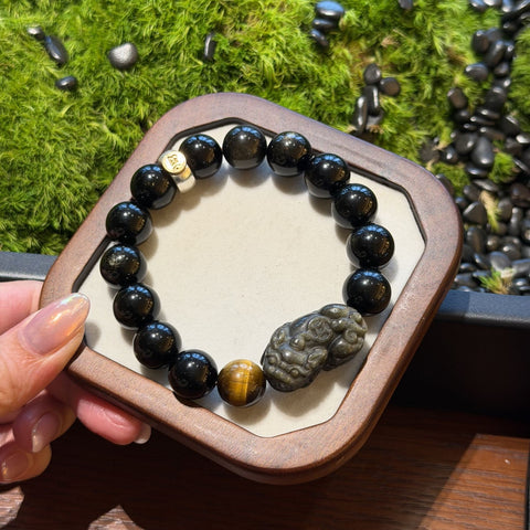 Golden Sheen Obsidian Pixiu Bracelet, Samantabhadra Zodiac Guardian Mala, Protection Tiger Eye Amulet, Wealth Feng Shui Gift Men