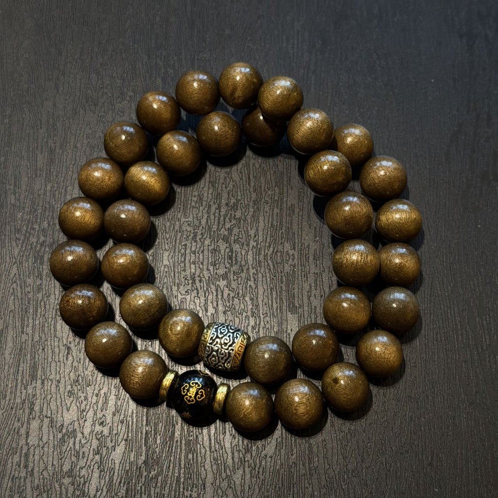 Golden Silk Phoebe Wood Bracelet, Natural Aged Nanmu Double Wrap Mala, Eight Buddhist Guardians Talisman, Spiritual Protection Gift