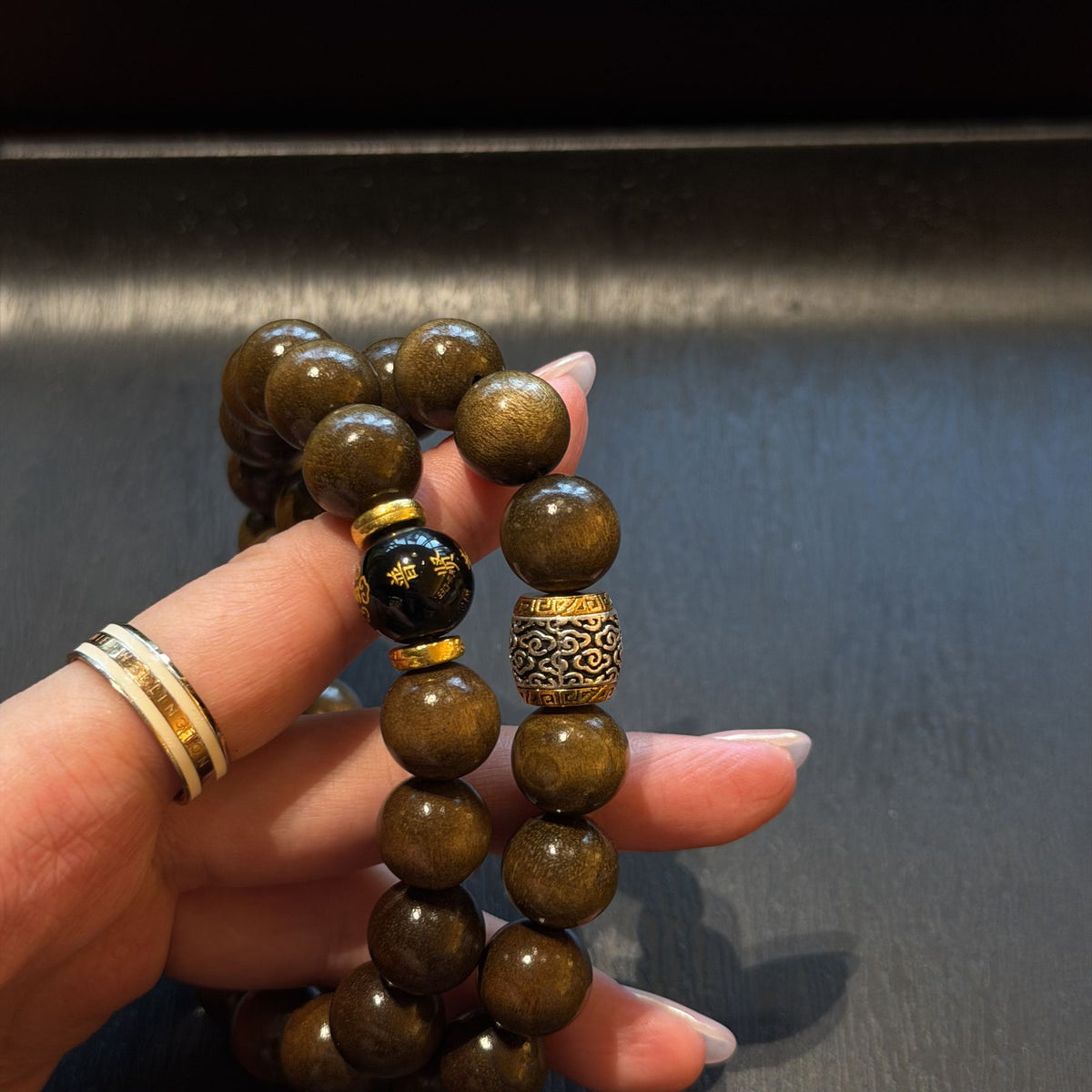 Golden Silk Phoebe Wood Bracelet, Natural Aged Nanmu Double Wrap Mala, Eight Buddhist Guardians Talisman, Spiritual Protection Gift