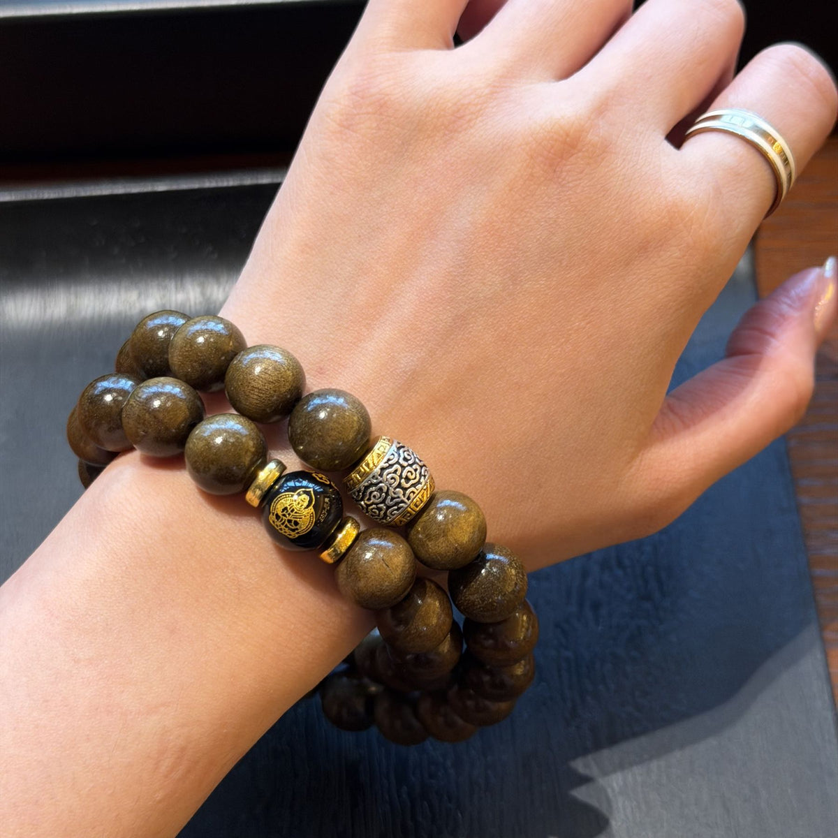 Golden Silk Phoebe Wood Bracelet, Natural Aged Nanmu Double Wrap Mala, Eight Buddhist Guardians Talisman, Spiritual Protection Gift