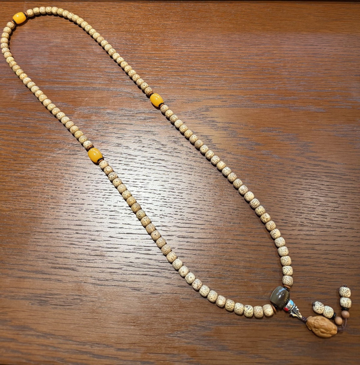 Hainan Star and Moon Bodhi Seed Mala, 108 Prayer Beads Necklace, God of Wealth Caishen Amulet, Tibetan Style Meditation Jewelry