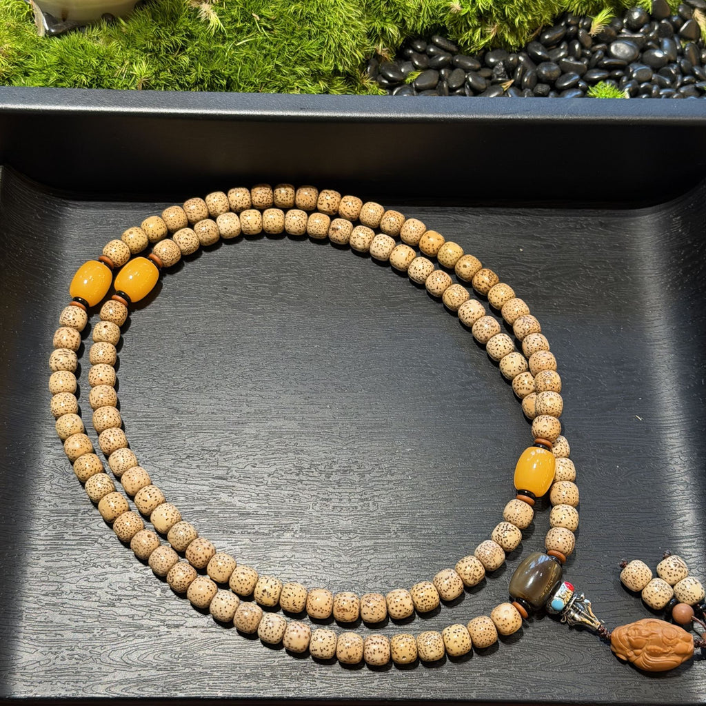 Hainan Star and Moon Bodhi Seed Mala, 108 Prayer Beads Necklace, God of Wealth Caishen Amulet, Tibetan Style Meditation Jewelry