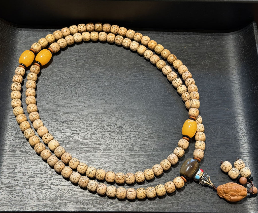 Hainan Star and Moon Bodhi Seed Mala, 108 Prayer Beads Necklace, God of Wealth Caishen Amulet, Tibetan Style Meditation Jewelry