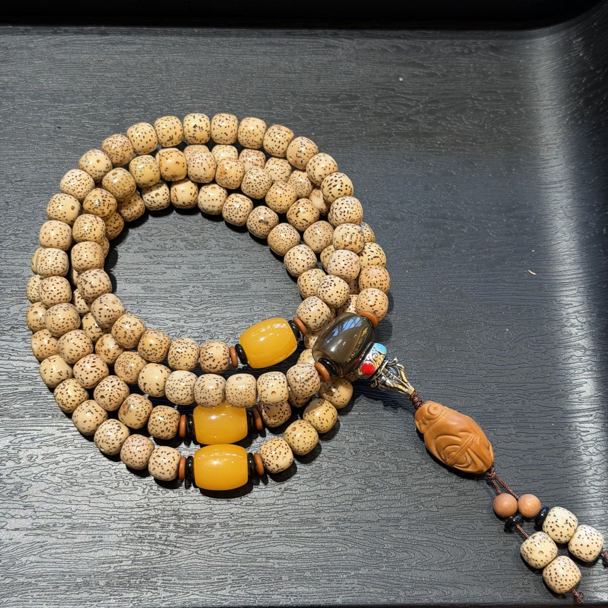 Hainan Star and Moon Bodhi Seed Mala, 108 Prayer Beads Necklace, God of Wealth Caishen Amulet, Tibetan Style Meditation Jewelry