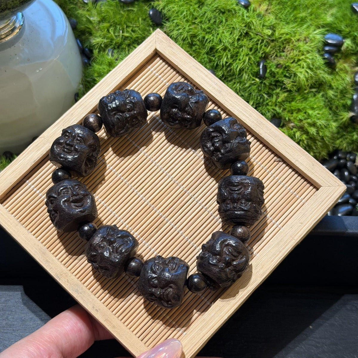 Hand Carved Black Sandalwood Arhat Bracelet, 18 Luohan Wooden Beads Mala, Spiritual Protection Amulet, Zen Feng Shui Men Gift