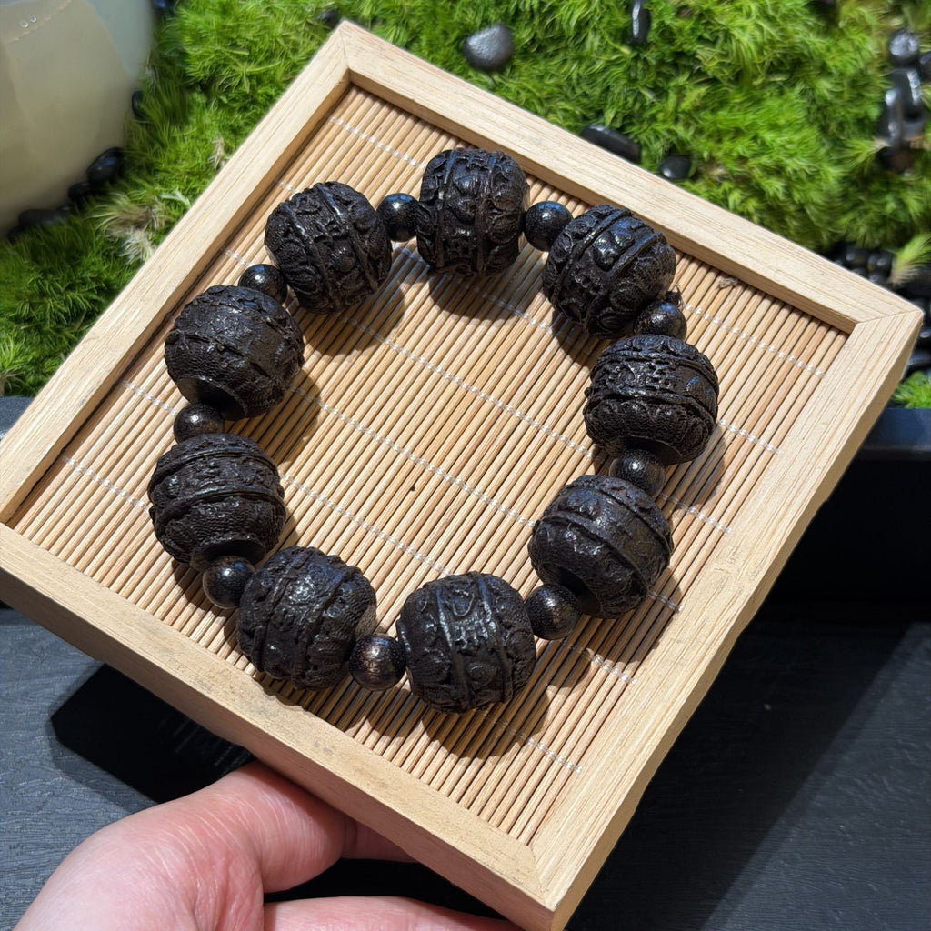 Hand Carved Black Sandalwood Arhat Bracelet, 18 Luohan Wooden Beads Mala, Spiritual Protection Amulet, Zen Feng Shui Men Gift