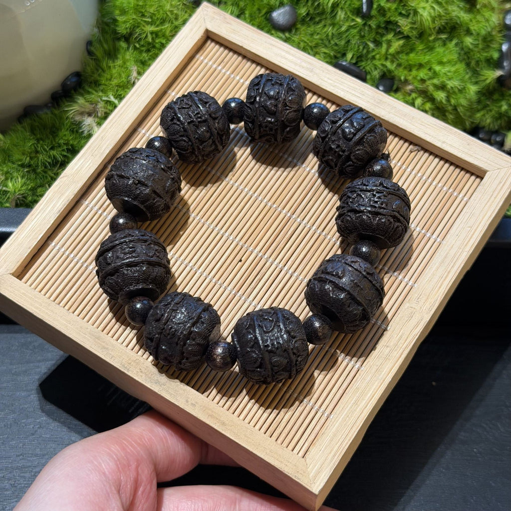 Hand Carved Black Sandalwood Arhat Bracelet, 18 Luohan Wooden Beads Mala, Spiritual Protection Amulet, Zen Feng Shui Men Gift