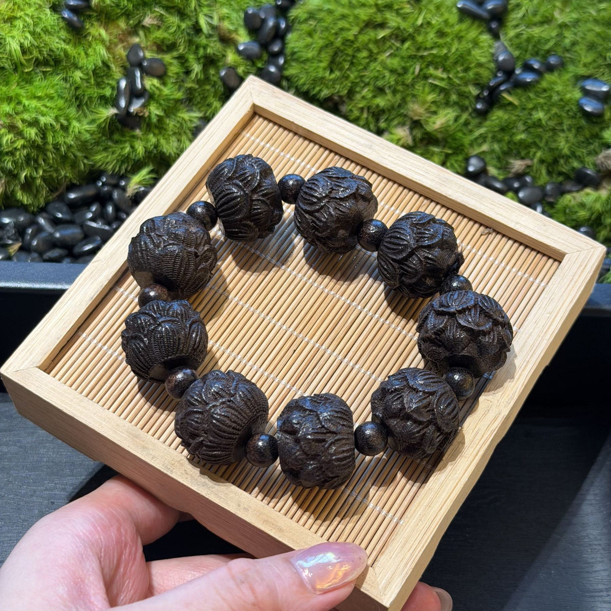 Hand Carved Blackwood Lotus Flower Bracelet, Pure Blooming Sacred Lotus Mala, Spiritual Protection Amulet, Zen Yoga Women Gift