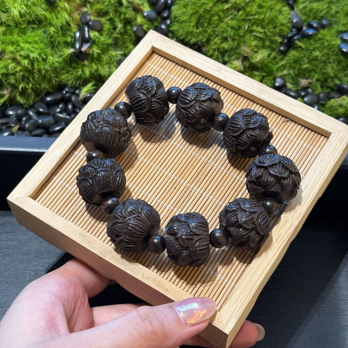Hand Carved Blackwood Lotus Flower Bracelet, Pure Blooming Sacred Lotus Mala, Spiritual Protection Amulet, Zen Yoga Women Gift