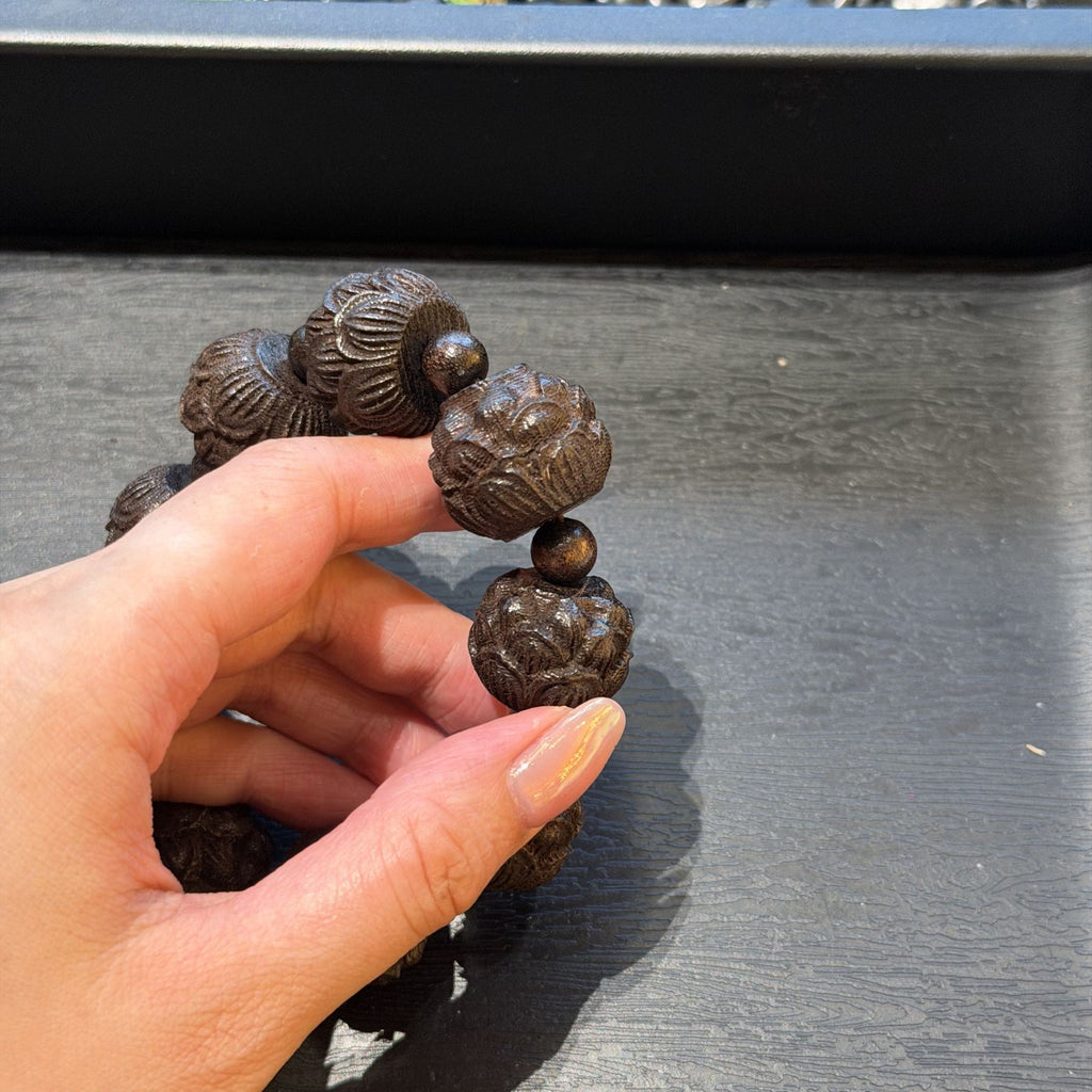 Hand Carved Blackwood Lotus Flower Bracelet, Pure Blooming Sacred Lotus Mala, Spiritual Protection Amulet, Zen Yoga Women Gift