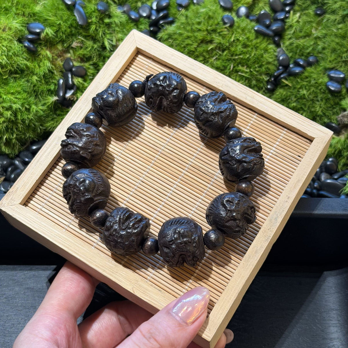 Hand Carved Blackwood Pixiu Bracelet, Wealth Magnet Mythical Beast Mala, Spiritual Protection Amulet, Zen Feng Shui Men Gift
