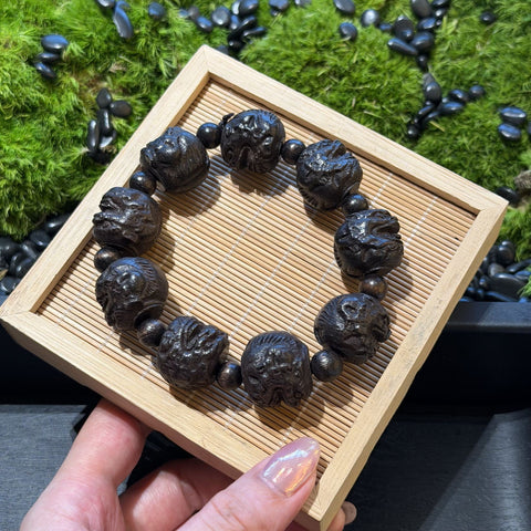 Hand Carved Blackwood Pixiu Bracelet, Wealth Magnet Mythical Beast Mala, Spiritual Protection Amulet, Zen Feng Shui Men Gift
