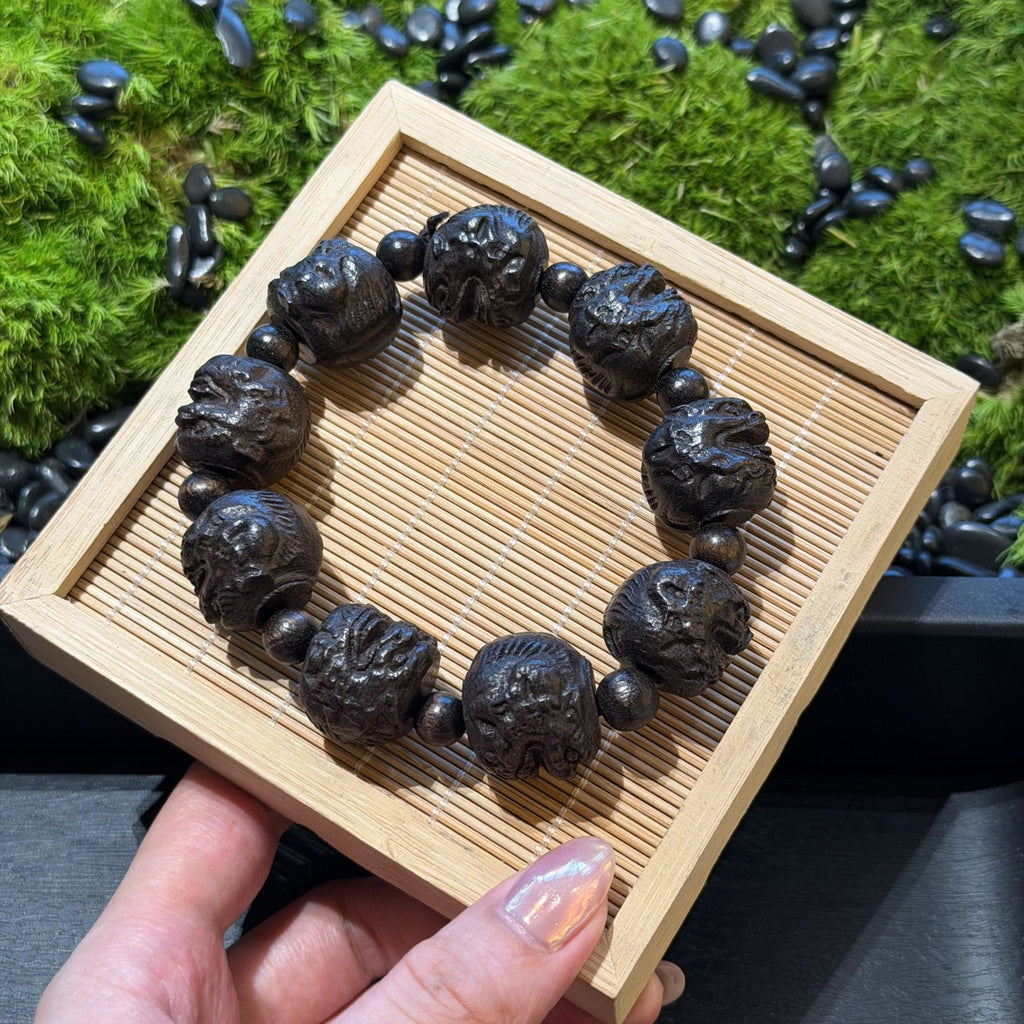 Hand Carved Blackwood Pixiu Bracelet, Wealth Magnet Mythical Beast Mala, Spiritual Protection Amulet, Zen Feng Shui Men Gift