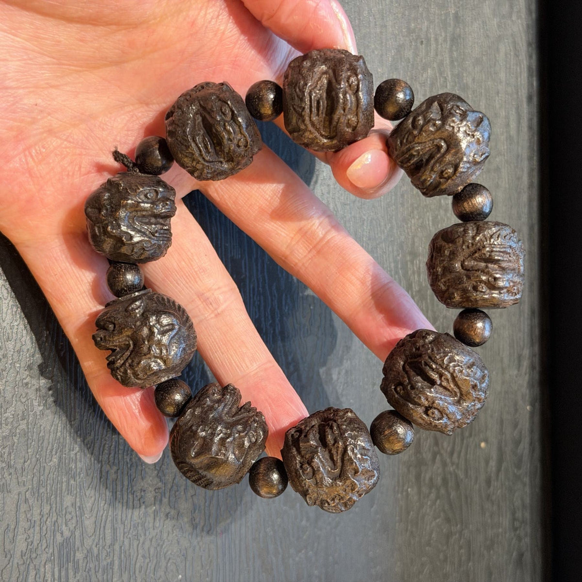 Hand Carved Blackwood Pixiu Bracelet, Wealth Magnet Mythical Beast Mala, Spiritual Protection Amulet, Zen Feng Shui Men Gift