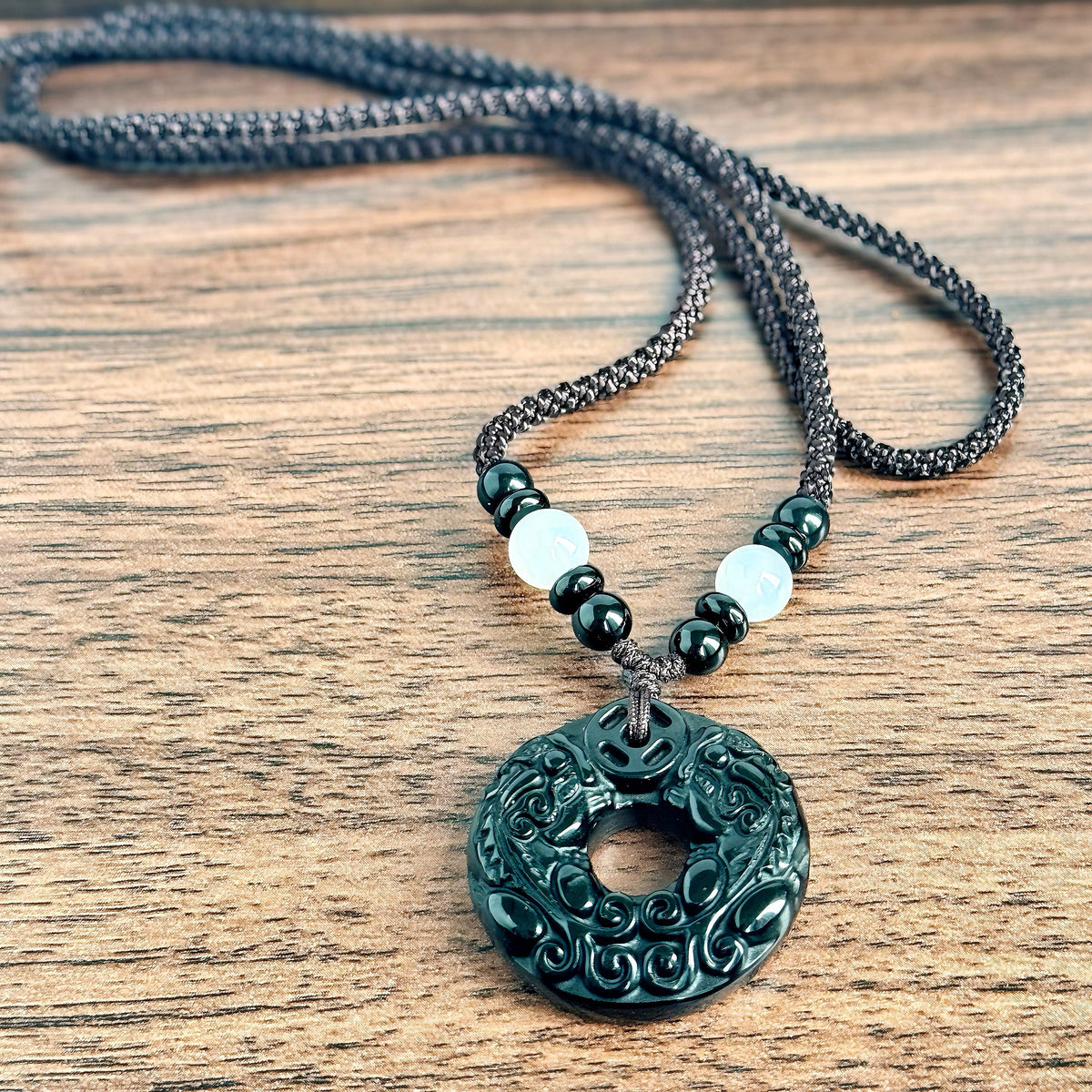 Ice Obsidian Pixiu Pendant Necklace | Protection Amulet | Peace Coin Talisman | Adjustable