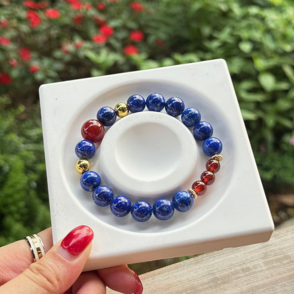 Lapis Lazuli Statement Bracelet | Deep Blue Royal Stone Energy Amulet | Taoist Consecrated Wisdom & Red Agate Protection Jewelry