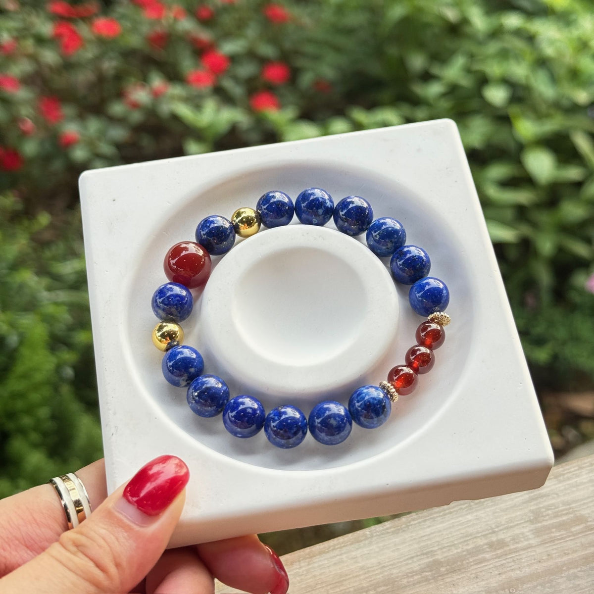 Lapis Lazuli Statement Bracelet | Deep Blue Royal Stone Energy Amulet | Taoist Consecrated Wisdom & Red Agate Protection Jewelry