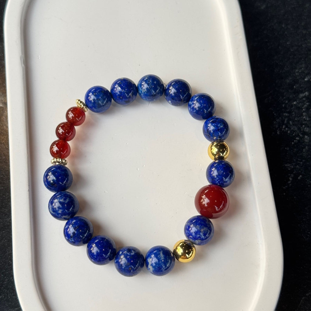 Lapis Lazuli Statement Bracelet | Deep Blue Royal Stone Energy Amulet | Taoist Consecrated Wisdom & Red Agate Protection Jewelry