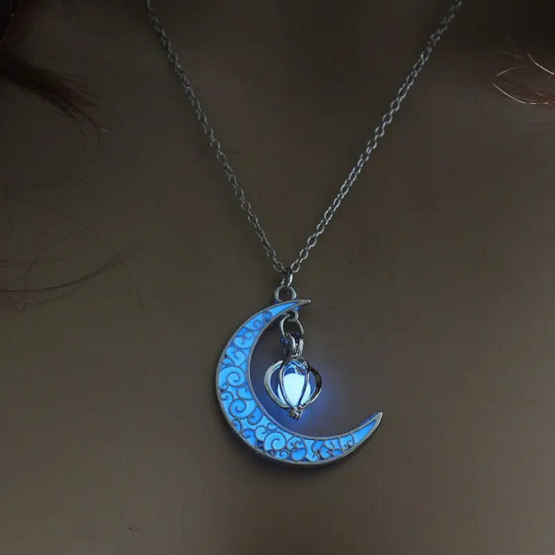 Lunar Glow Pendant Necklace - Silver-Plated Moon Shape - EclipticJew