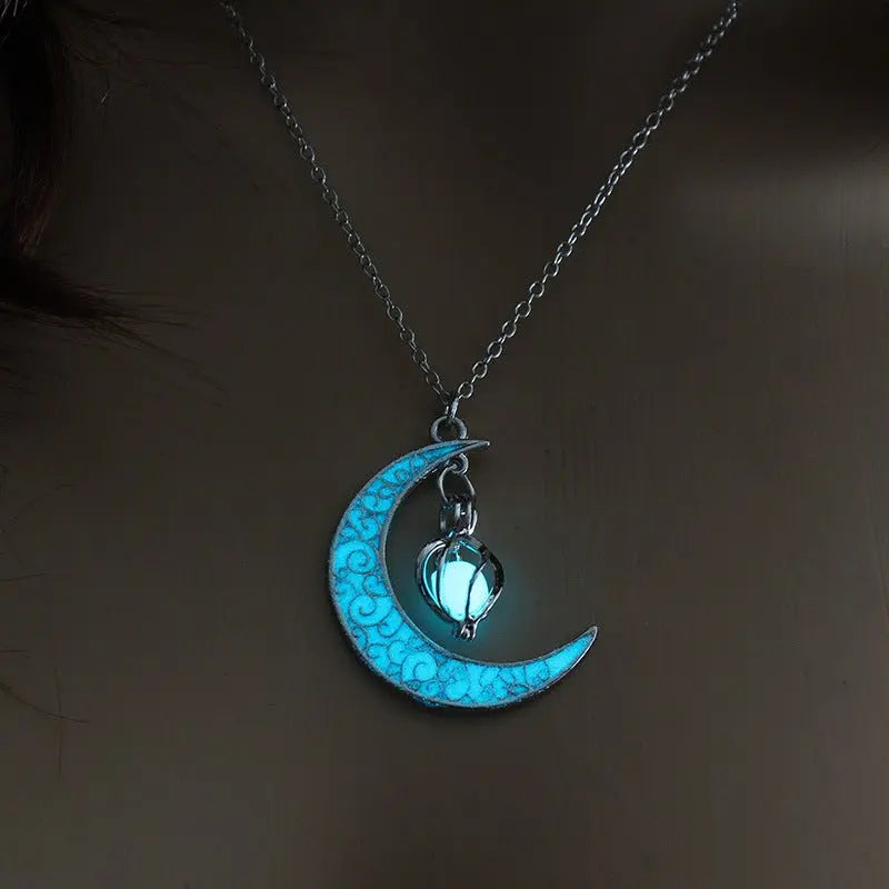 Lunar Glow Pendant Necklace - Silver-Plated Moon Shape - EclipticJew