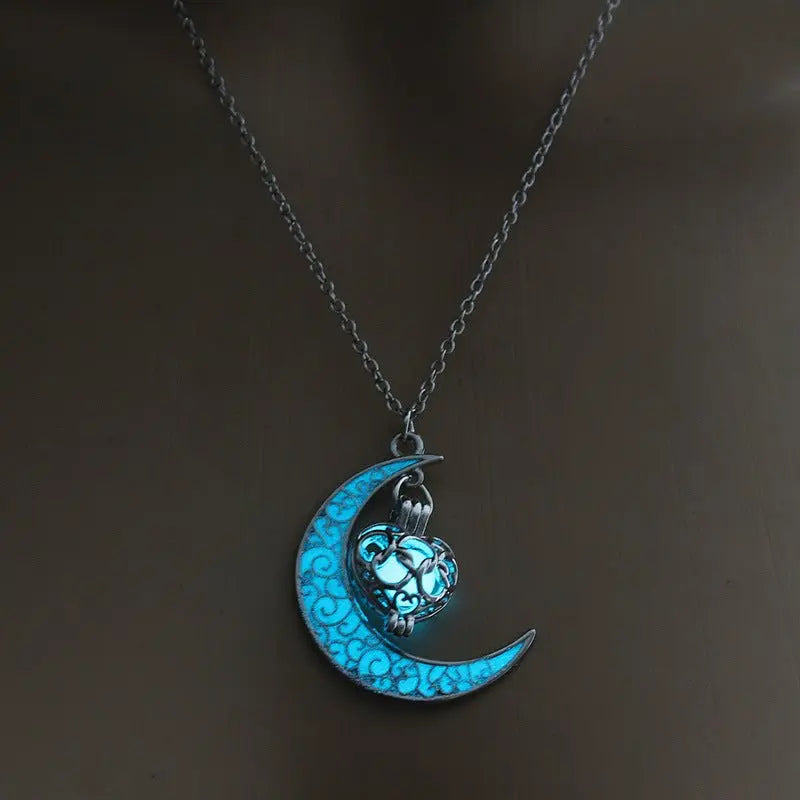 Lunar Glow Pendant Necklace - Silver-Plated Moon Shape - EclipticJew