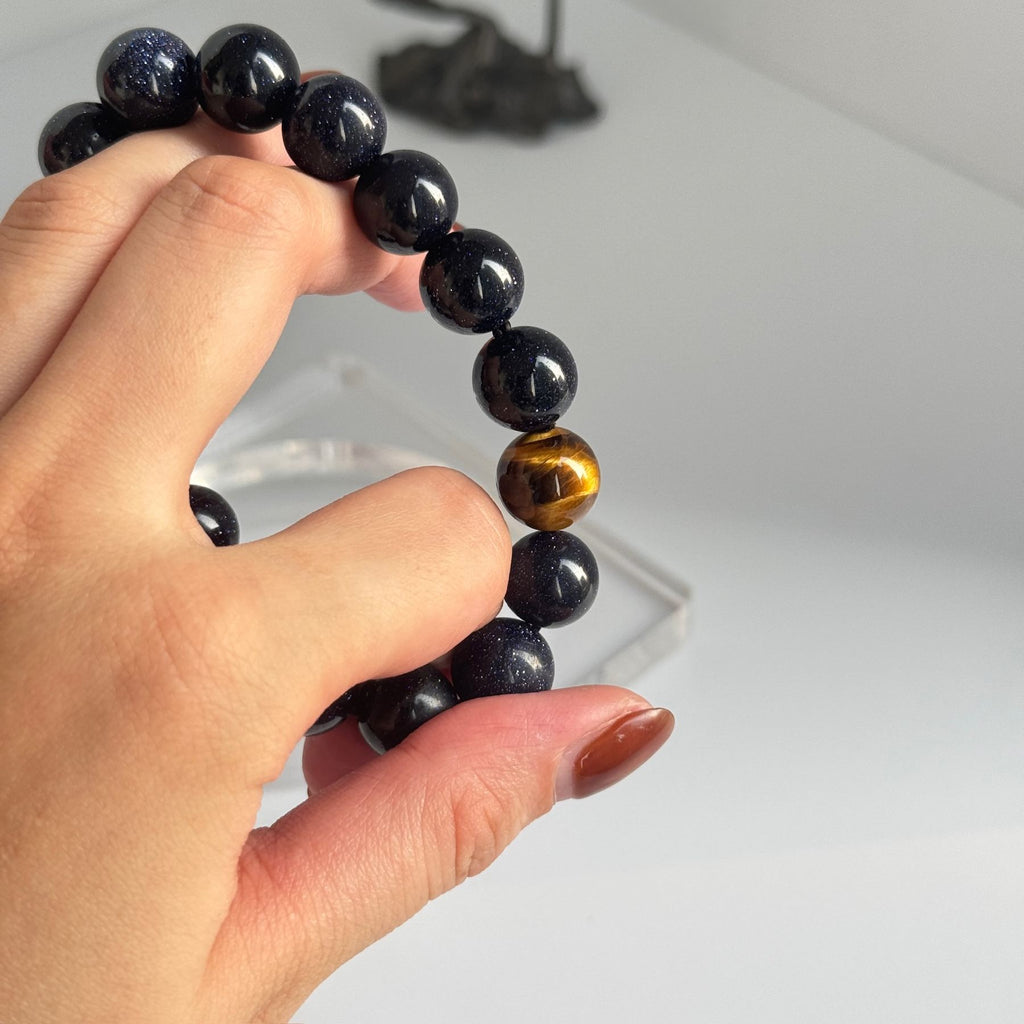 Midnight Galaxy Blue Sandstone Bracelet with Golden Accent Bead | Cosmic Energy Jewelry
