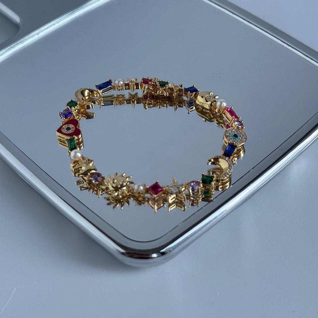 Moon & Heart Multi-Gem Bracelet | Colorful Crystal Charm Jewelry