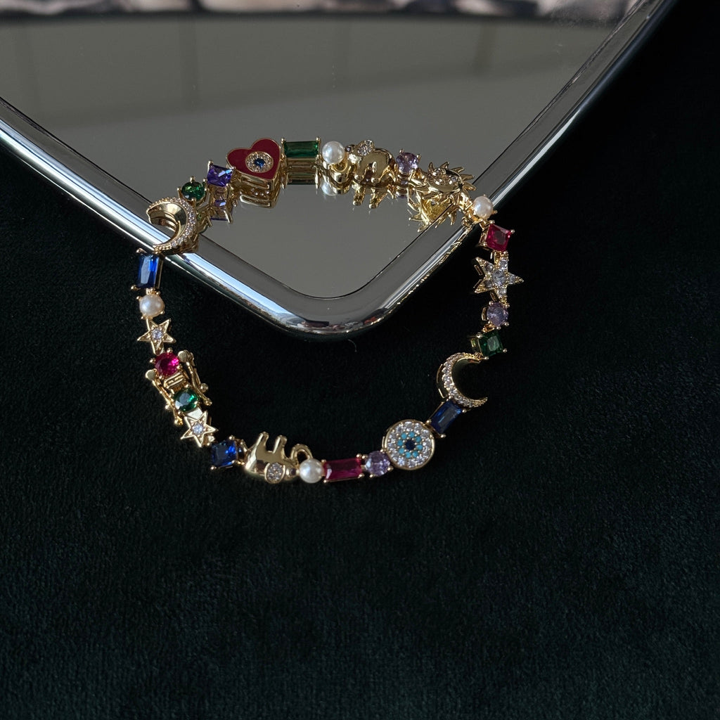 Moon & Heart Multi-Gem Bracelet | Colorful Crystal Charm Jewelry