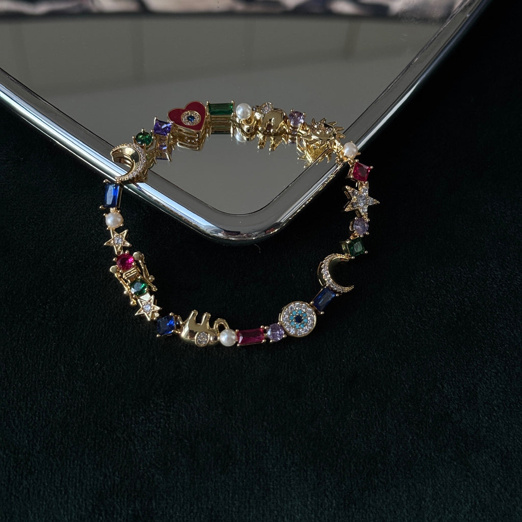 Moon & Heart Multi-Gem Bracelet | Colorful Crystal Charm Jewelry