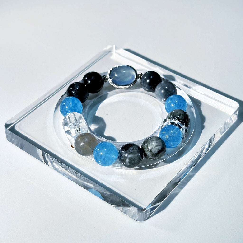 Moon Tide Aquamarine Bracelet | Hawk Eye, Clear Quartz & Grey Moonstone (12mm)