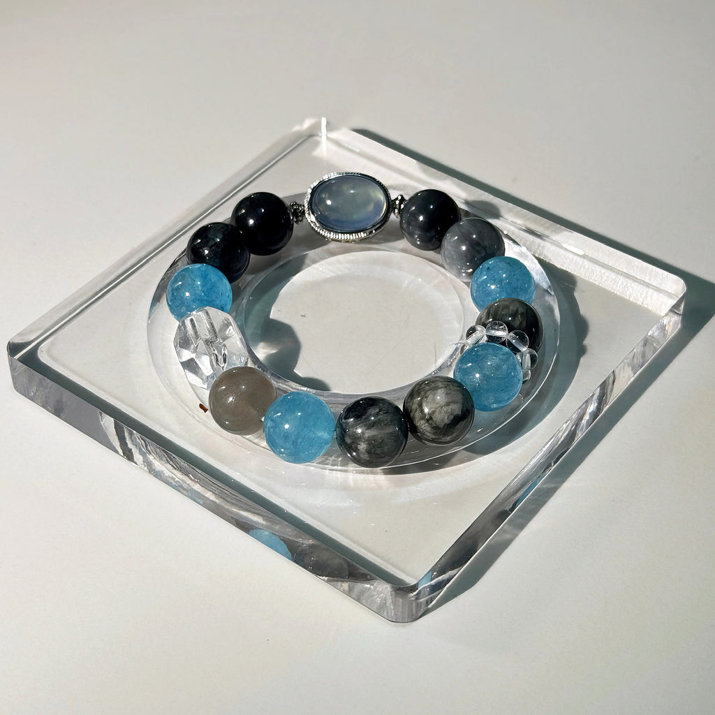 Moon Tide Aquamarine Bracelet | Hawk Eye, Clear Quartz & Grey Moonstone (12mm)