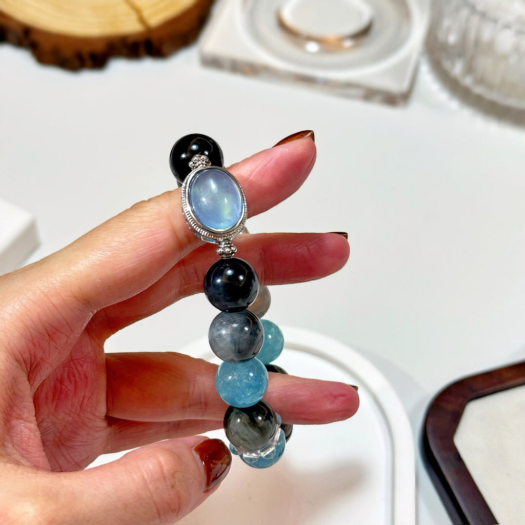 Moon Tide Aquamarine Bracelet | Hawk Eye, Clear Quartz & Grey Moonstone (12mm)